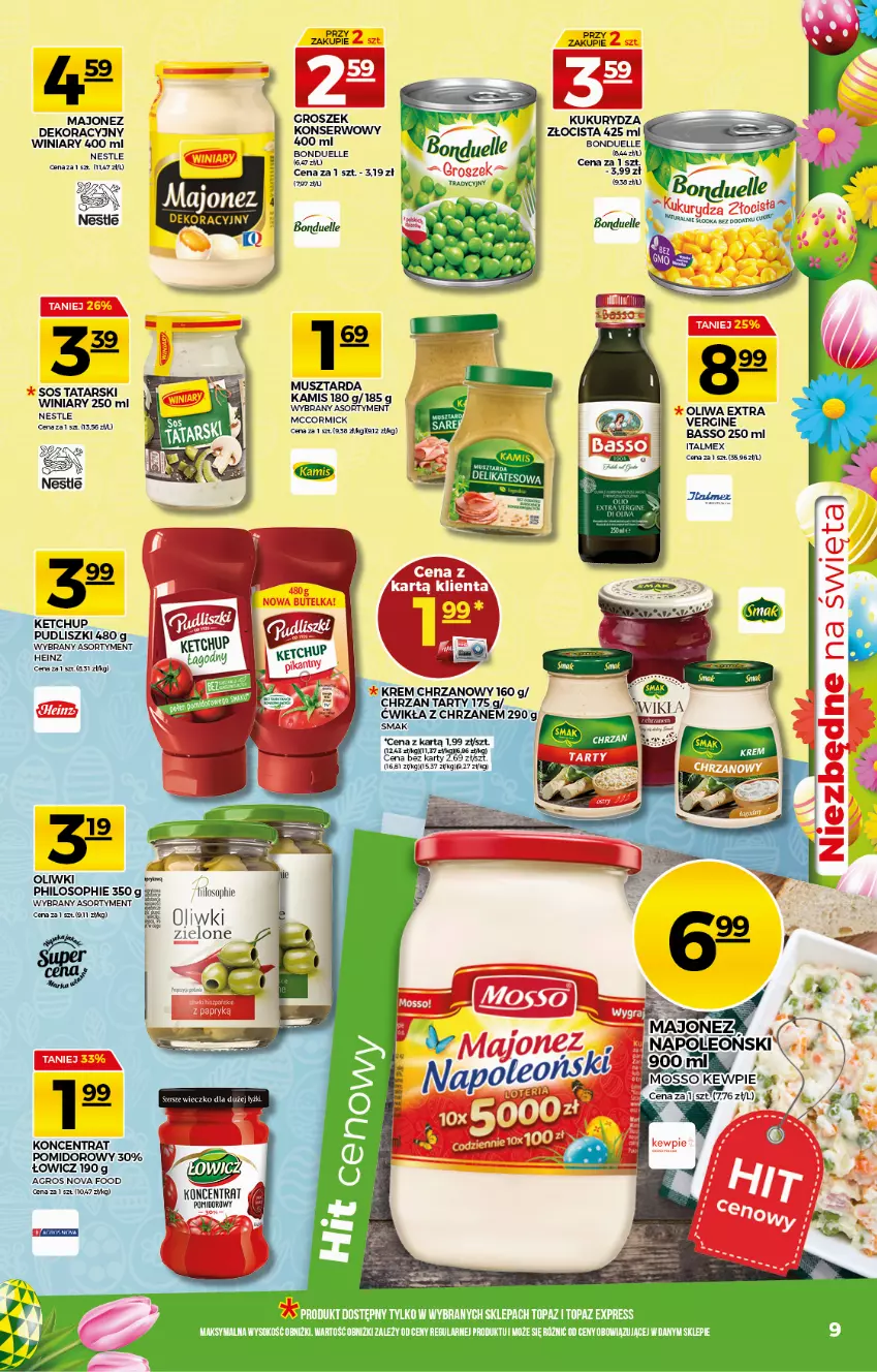 Gazetka promocyjna Topaz - Gazetka - ważna 01.04 do 07.04.2021 - strona 9 - produkty: Bonduelle, Chrzan, Gin, Groszek, Heinz, Kamis, Ketchup, Koncentrat pomidorowy, Kukurydza, Majonez, Mus, Musztarda, Oliwki, Oliwki zielone, Pudliszki, Sos, Winiary