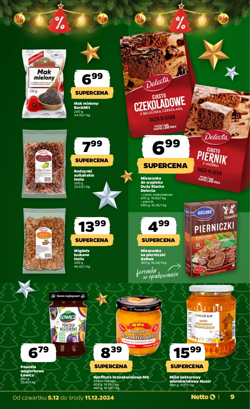 Gazetka promocyjna Netto - Od Czwartku - ważna 05.12 do 11.12.2024 - strona 9 - produkty: Ciasto czekoladowe, Delecta, Helio, Konfitura, Mak mielony, Migdały, Migdały łuskane, Miód, Mop, Nektar, Piernik, Rodzynki