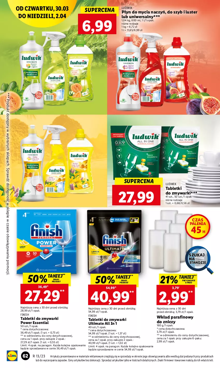 Gazetka promocyjna Lidl - GAZETKA - ważna 30.03 do 02.04.2023 - strona 62 - produkty: Do mycia naczyń, Finish, Ludwik, Olej, Płyn do mycia, Płyn do mycia naczyń, Tablet, Tabletki do zmywarki, Zmywarki, Znicz