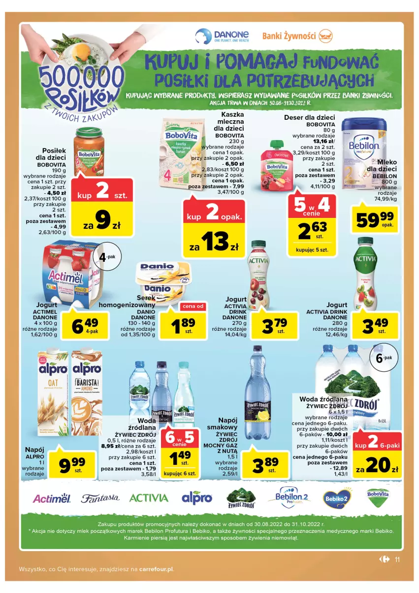 Gazetka promocyjna Carrefour - Gazetka Carrefour - ważna 30.08 do 10.09.2022 - strona 11 - produkty: Actimel, Activia, Alpro, Bebiko, BEBILON, BoboVita, Danio, Danone, Deser, Dzieci, Fa, Jogurt, Karmi, Kosz, LANA, Mleko, Ser, Serek, Woda