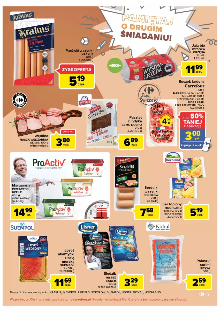 Gazetka promocyjna Carrefour - Gazetka Carrefour - ważna 30.08 do 10.09.2022 - strona 3 - produkty: Boczek, Hochland, Jaja, Kosz, Krakus, Lisner, Margaryna, Parówki, Parówki z szynki, Pasztet, Ser, Ser topiony, Serdelki, Sok, Sokołów, Suempol, Surimi, Top, Wędlina