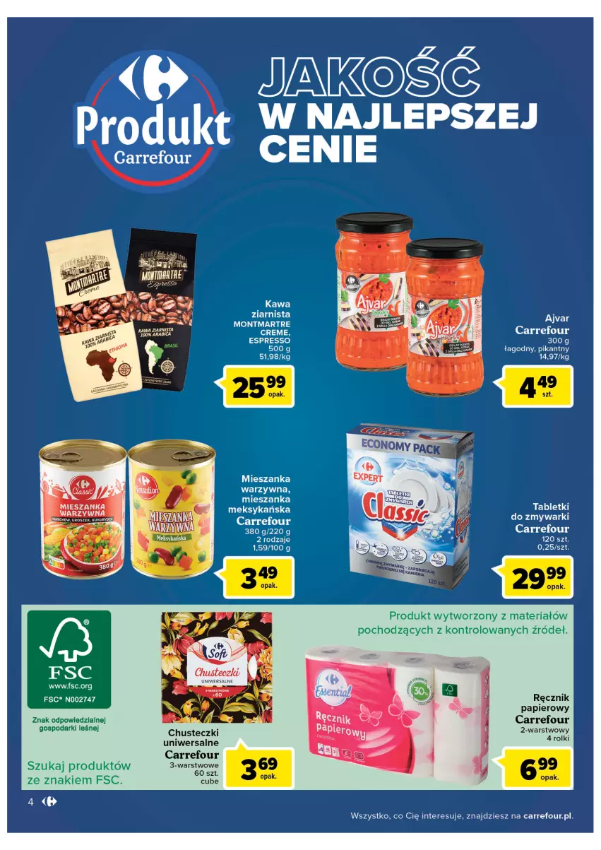 Gazetka promocyjna Carrefour - Gazetka Carrefour - ważna 30.08 do 10.09.2022 - strona 4 - produkty: BIC, Chusteczki, Groszek, Kawa, Kawa ziarnista, Kukurydza, Mieszanka warzyw, Montmartre, Papier, Ręcznik, Rolki, Tablet, Tabletki do zmywarki, Zmywarki