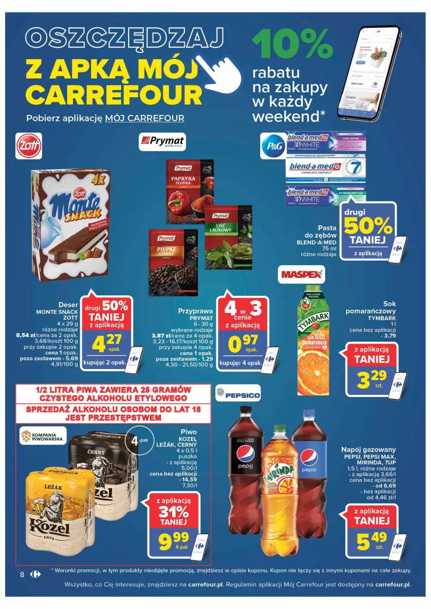 Gazetka promocyjna Carrefour - Gazetka Carrefour - ważna 30.08 do 10.09.2022 - strona 8 - produkty: 7up, Blend-a-Med, Gra, Kosz, Mirinda, Monte, Napój, Napój gazowany, Papryka, Papryka słodka, Pepsi, Pepsi max, Piwa, Piwo, Półka, Prymat, Sok, Sok pomarańczowy, Tymbark, Zott