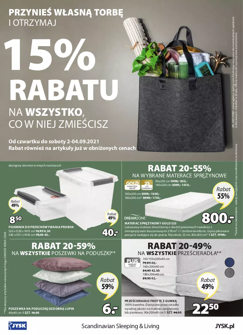 Gazetka promocyjna Jysk - Oferta tygodnia - ważna 01.09 do 14.09.2021 - strona 25 - produkty: Fa, Materac, Materac sprężynowy, Pojemnik, Pojemnik do przechowywania, Poszewka, Prześcieradło, Sok, Tera, Wełna