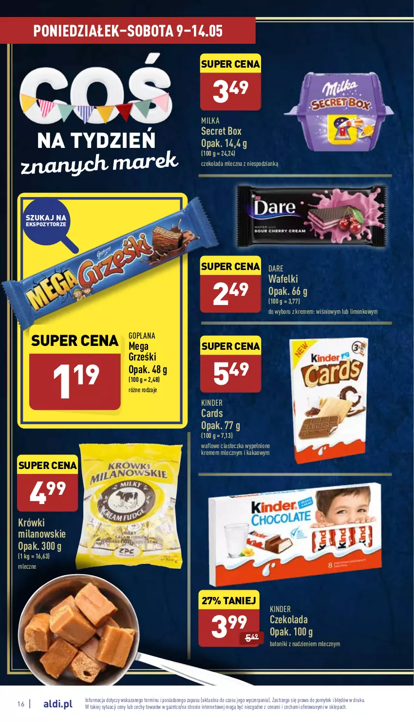 Gazetka promocyjna Aldi - Pełny katalog - ważna 09.05 do 14.05.2022 - strona 16 - produkty: Baton, Czekolada, Czekolada mleczna, Goplana, Grześki, Kakao, Kinder, LANA, Milka, Tonik