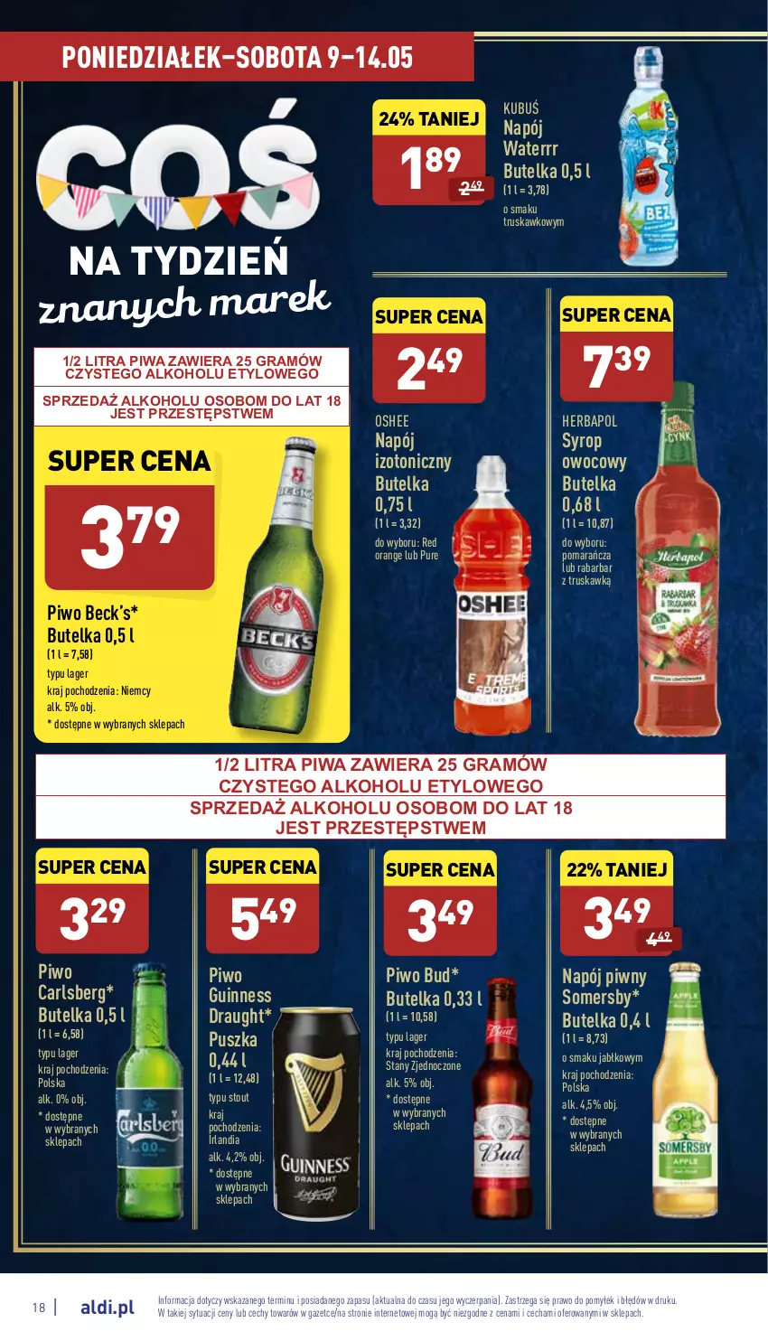 Gazetka promocyjna Aldi - Pełny katalog - ważna 09.05 do 14.05.2022 - strona 18 - produkty: Carlsberg, Gra, Herbapol, Kubuś, Napój, Napój izotoniczny, Oshee, Piwa, Piwo, Pur, Somersby, Syrop