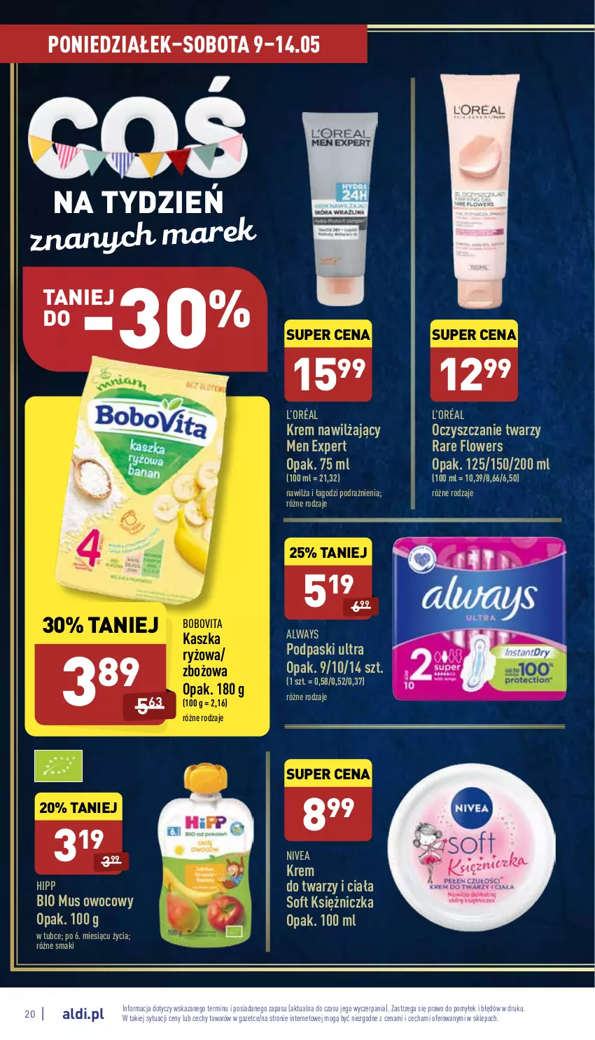 Gazetka promocyjna Aldi - Pełny katalog - ważna 09.05 do 14.05.2022 - strona 20 - produkty: Always, BoboVita, HiPP, Hipp Bio, Krem do twarzy, Krem nawilżający, L’Oréal, Mus, Nivea, Podpaski, Ryż