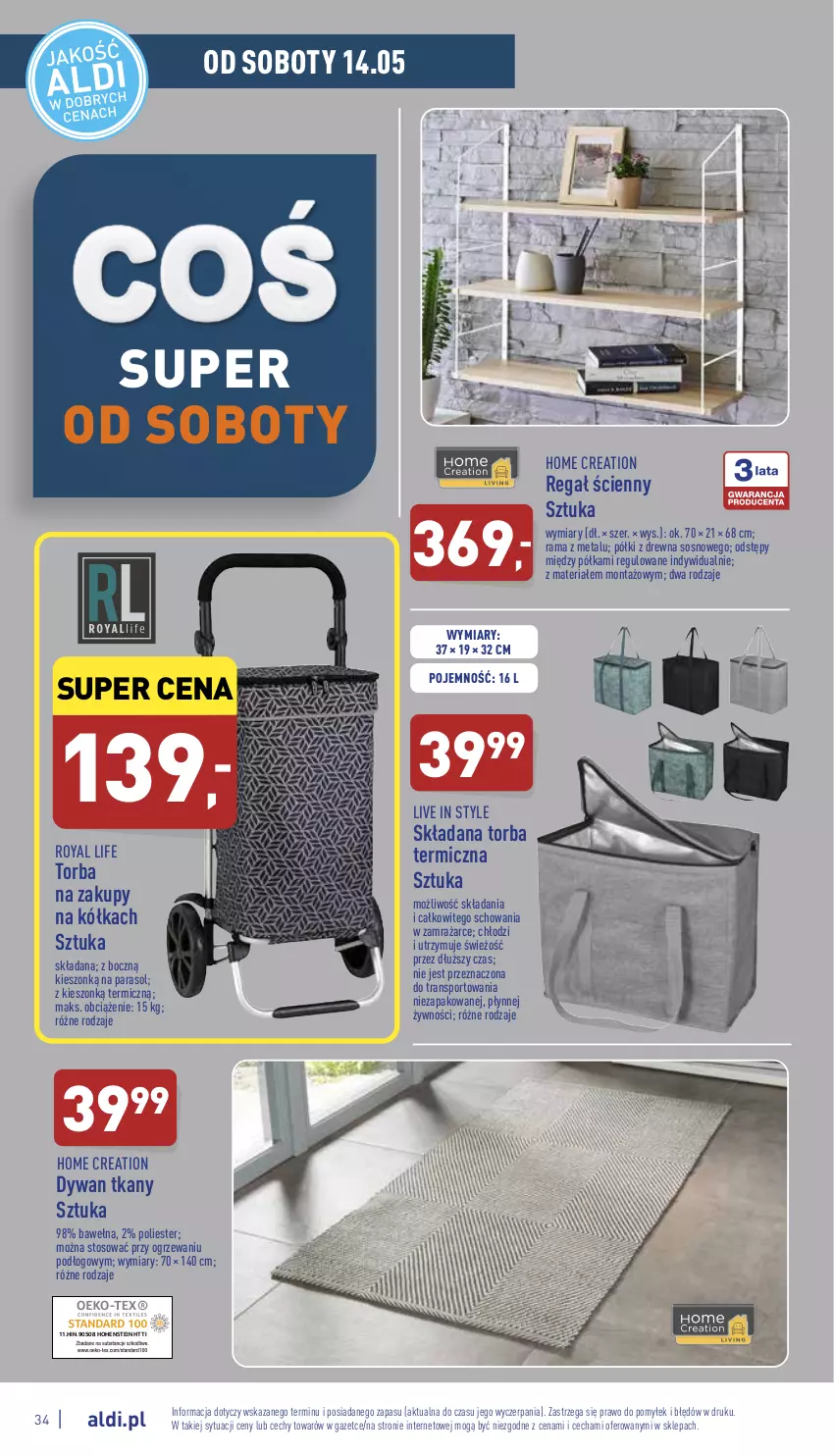 Gazetka promocyjna Aldi - Pełny katalog - ważna 09.05 do 14.05.2022 - strona 34 - produkty: Dywan, Parasol, Półka, Por, Rama, Regał, Sos, Sport, Torba, Torba na zakupy, Tran, Wełna