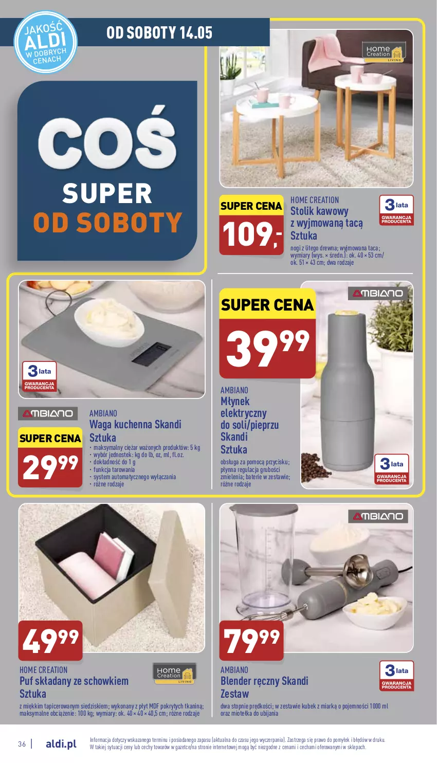 Gazetka promocyjna Aldi - Pełny katalog - ważna 09.05 do 14.05.2022 - strona 36 - produkty: Blender, Blender ręczny, Kubek, Młynek, Pieprz, Puf, Stek, Stolik, Stolik kawowy, Taca, Top, Waga