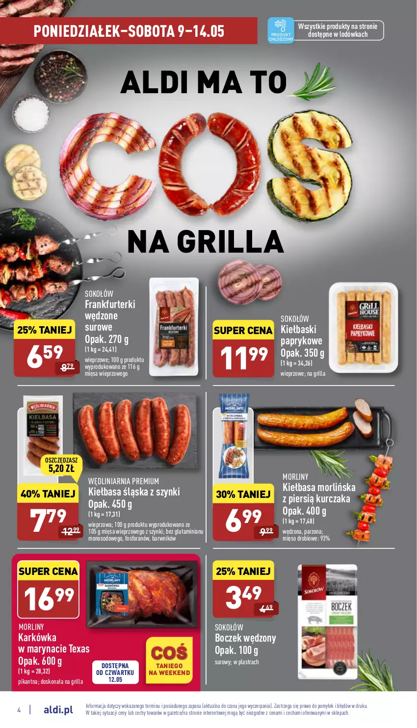 Gazetka promocyjna Aldi - Pełny katalog - ważna 09.05 do 14.05.2022 - strona 4 - produkty: Boczek, Frankfurterki, Grill, Kiełbasa, Kiełbasa śląska, Kurczak, Lodówka, Mięso, Morliny, Sok, Sokołów