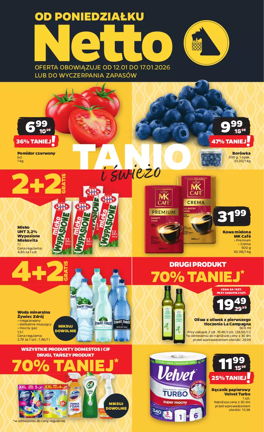 Gazetka promocyjna Netto - Od Poniedziałku - ważna 12.01 do 17.01.2026 - strona 1 - produkty: Borówka, Cif, Domestos, Gra, Kawa, Kawa mielona, Mleko, Mlekovita, Mus, Oliwa, Oliwa z oliwek, Papier, Ręcznik, Velvet, Woda, Woda mineralna