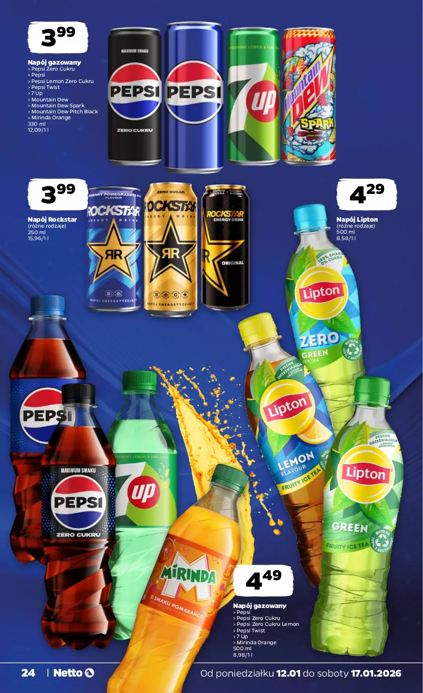 Gazetka promocyjna Netto - Od Poniedziałku - ważna 12.01 do 17.01.2026 - strona 24 - produkty: Lack, Lipton, Mirinda, Napój, Napój gazowany, Pepsi