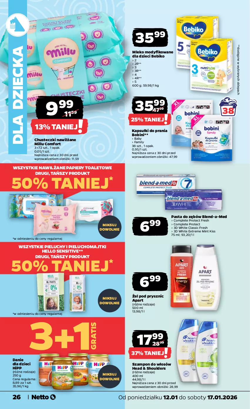 Gazetka promocyjna Netto - Od Poniedziałku - ważna 12.01 do 17.01.2026 - strona 26 - produkty: Bebiko, Blend-a-Med, Chusteczki, Danie dla dzieci, Dzieci, Fa, Gra, HiPP, Kapsułki do prania, Majtki, Mleko, Mleko modyfikowane, Papier, Pasta do zębów, Pieluchomajtki, Pieluchy, Szampon