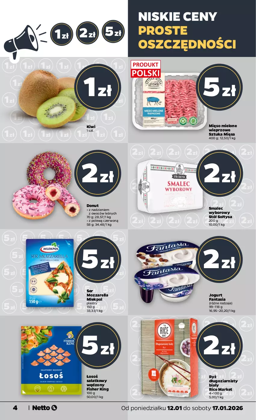 Gazetka promocyjna Netto - Od Poniedziałku - ważna 12.01 do 17.01.2026 - strona 4 - produkty: Donut, Fa, Fanta, Jogurt, Kiwi, Mięso, Mięso mielone, Mozzarella, Ryż, Sałat, Ser, Smalec, Stół