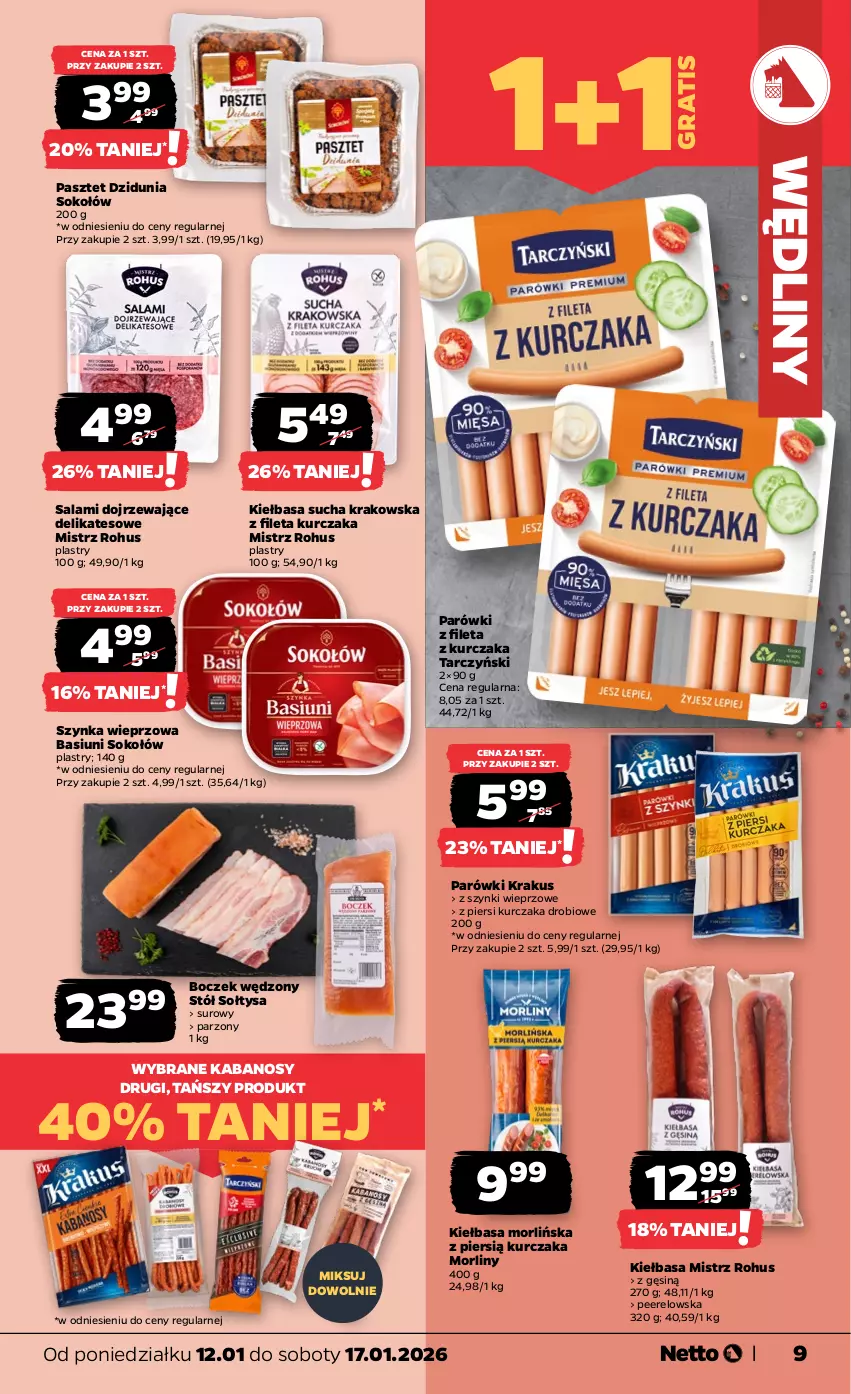 Gazetka promocyjna Netto - Od Poniedziałku - ważna 12.01 do 17.01.2026 - strona 9 - produkty: Boczek, Gra, Kabanos, Kiełbasa, Krakus, Kurczak, Morliny, Parówki, Pasztet, Salami, Sok, Sokołów, Stół, Szynka, Szynka wieprzowa, Tarczyński