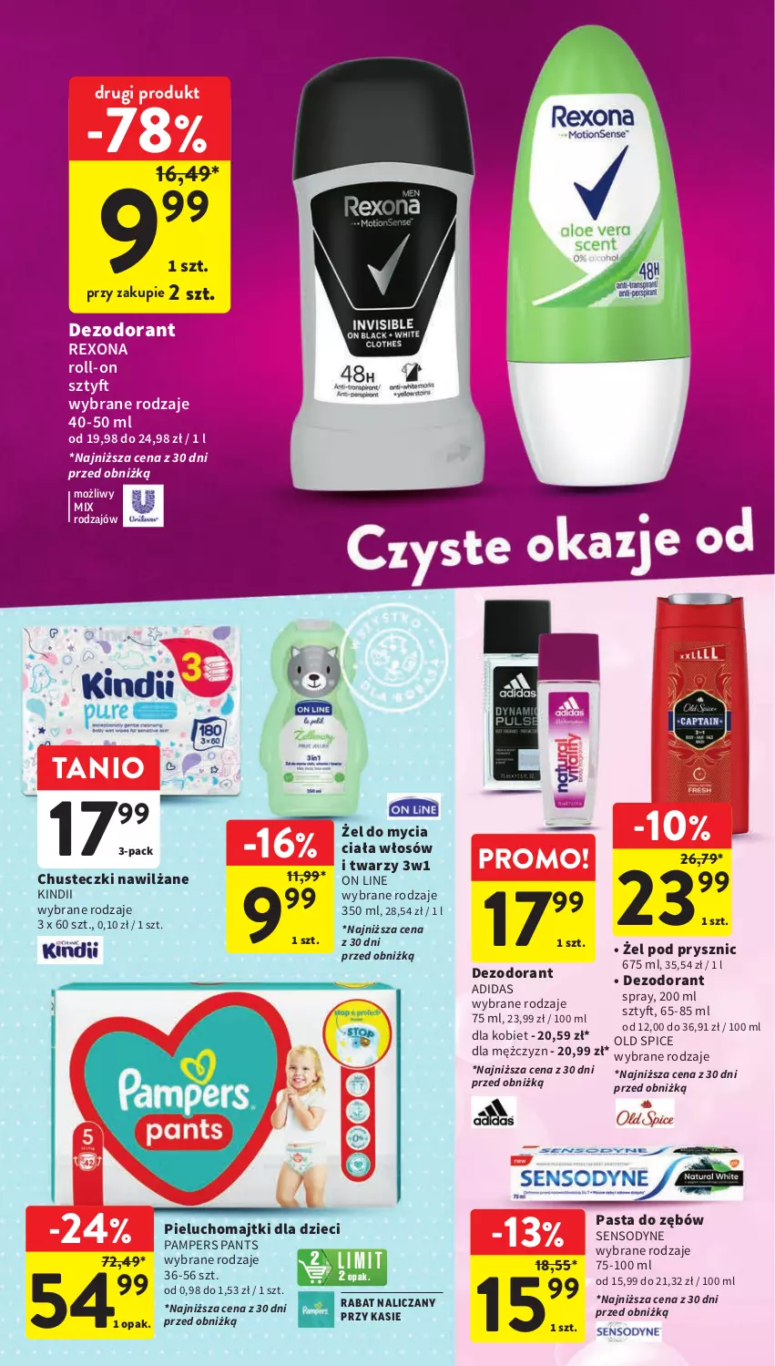 Gazetka promocyjna Intermarche - Gazetka Intermarche - ważna 26.10 do 31.10.2023 - strona 36 - produkty: Adidas, Chusteczki, Dezodorant, Dzieci, Kindii, Majtki, Old Spice, Pampers, Pasta do zębów, Pieluchomajtki, Rexona, Sensodyne