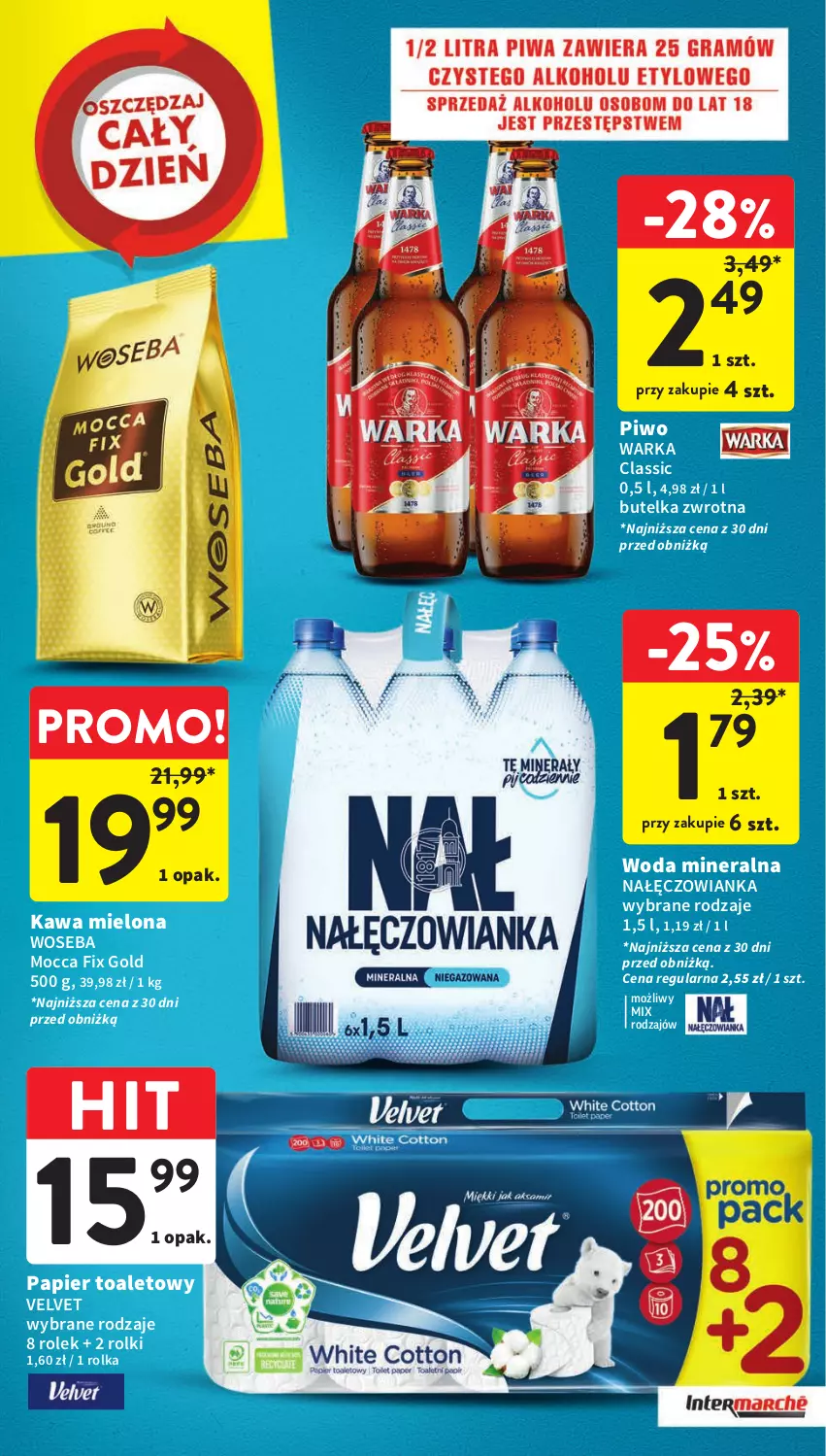 Gazetka promocyjna Intermarche - Gazetka Intermarche - ważna 26.10 do 31.10.2023 - strona 39 - produkty: Kawa, Kawa mielona, Mocca Fix Gold, Nałęczowianka, Papier, Papier toaletowy, Piwo, Rolki, Velvet, Warka, Woda, Woda mineralna, Woseba