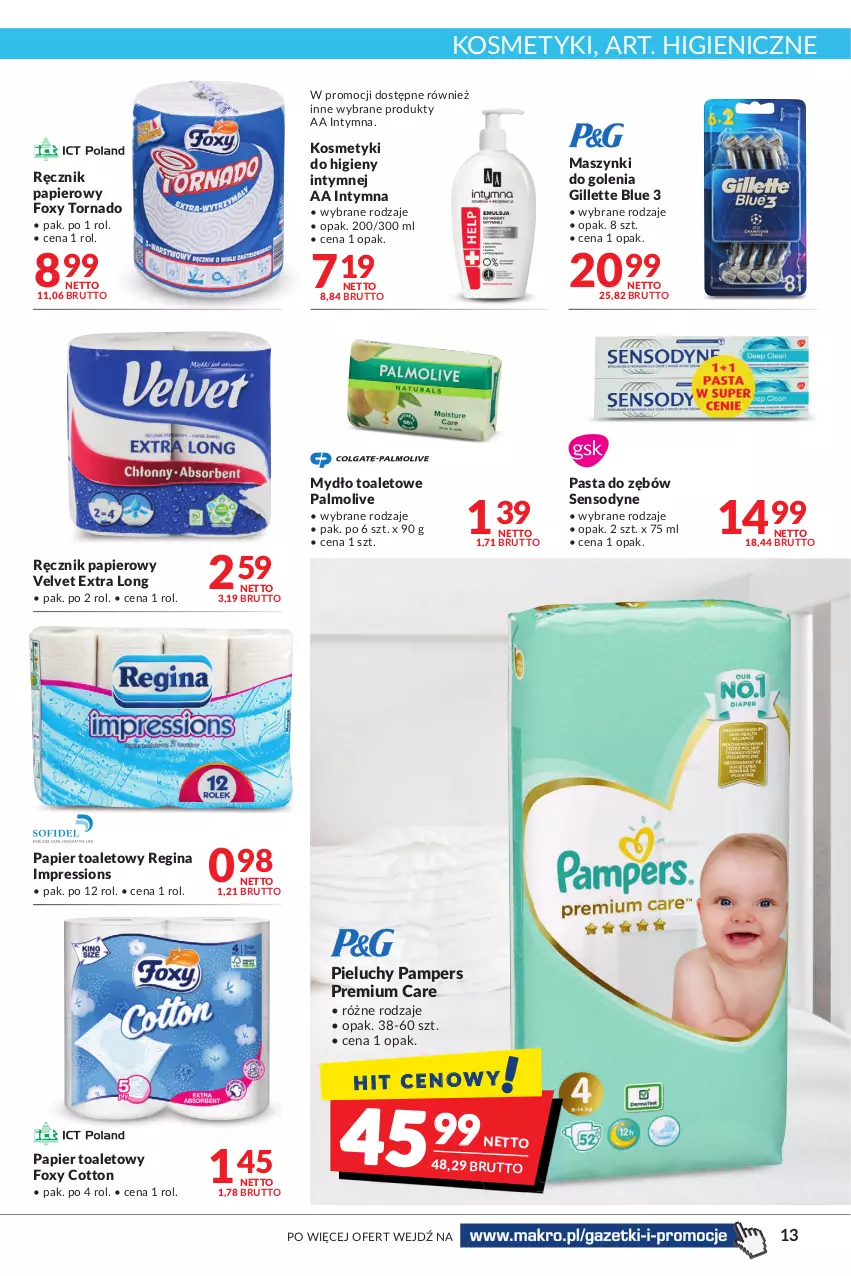 Gazetka promocyjna Makro - [Oferta promocyjna] Artykuły spożywcze i przemysłowe - ważna 24.01 do 07.02.2022 - strona 13 - produkty: Foxy, Gillette, Gin, Mydło, Palmolive, Pampers, Papier, Papier toaletowy, Pasta do zębów, Pieluchy, Ręcznik, Sensodyne, Velvet