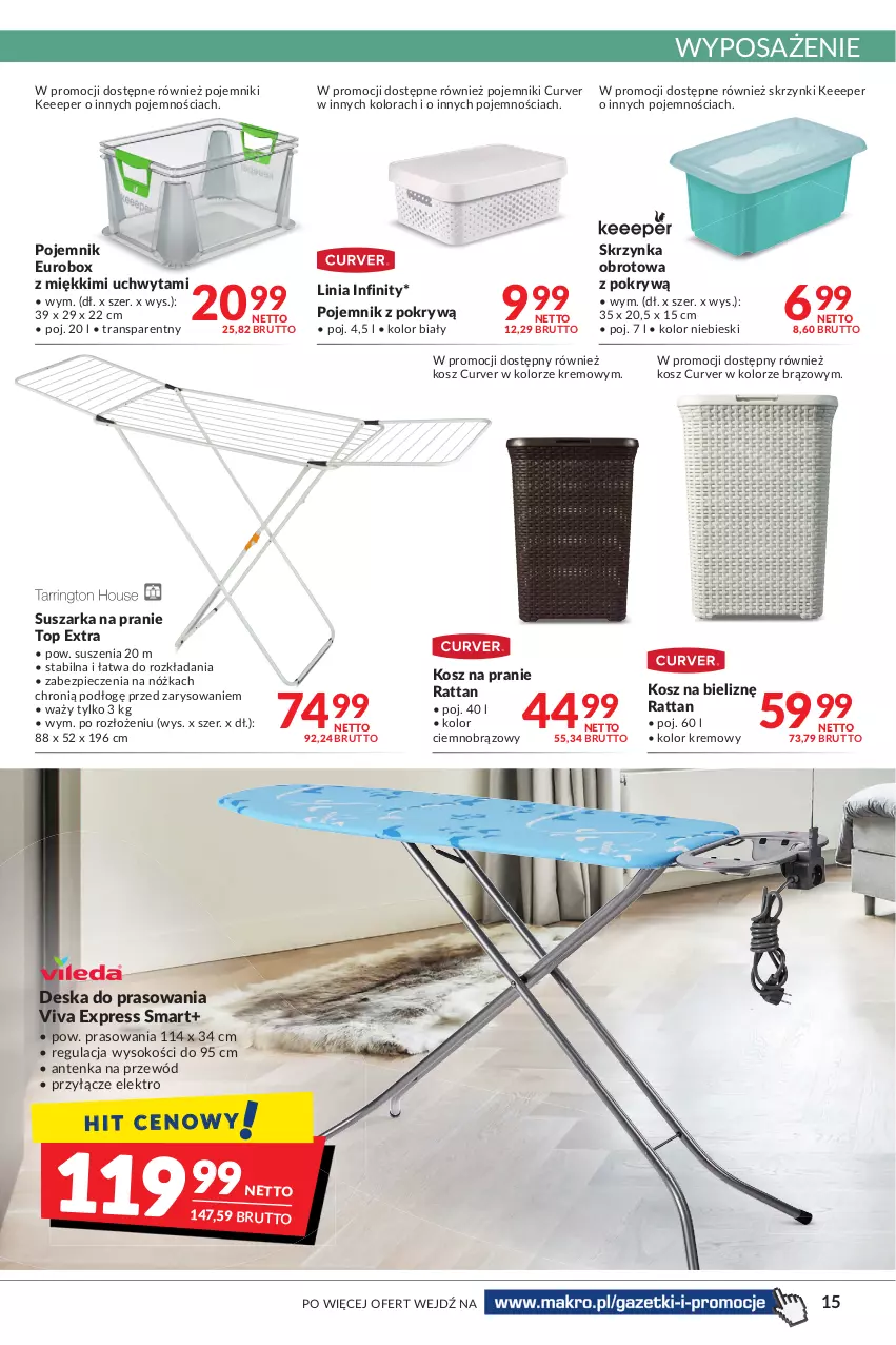 Gazetka promocyjna Makro - [Oferta promocyjna] Artykuły spożywcze i przemysłowe - ważna 24.01 do 07.02.2022 - strona 15 - produkty: Deska do prasowania, Kosz, Kosz na bieliznę, Piec, Pojemnik, Przewód, Sok, Suszarka, Suszarka na pranie, Top, Tran