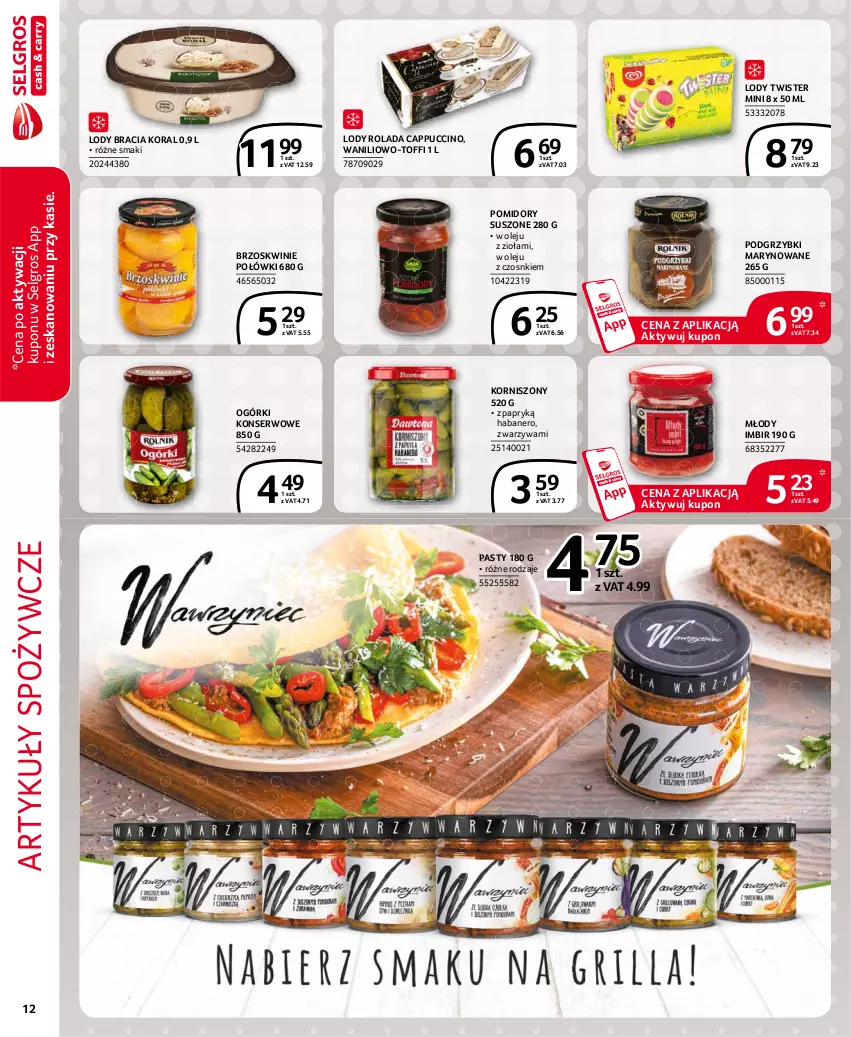 Gazetka promocyjna Selgros - Extra Oferta - ważna 01.06 do 30.06.2021 - strona 12 - produkty: Artykuły spożywcze, Brzoskwinie, Cappuccino, Imbir, Korniszony, LG, Lody, Ogórki konserwowe, Olej, Podgrzybki, Podgrzybki marynowane, Pomidory, Rolada, Ser, Warzywa