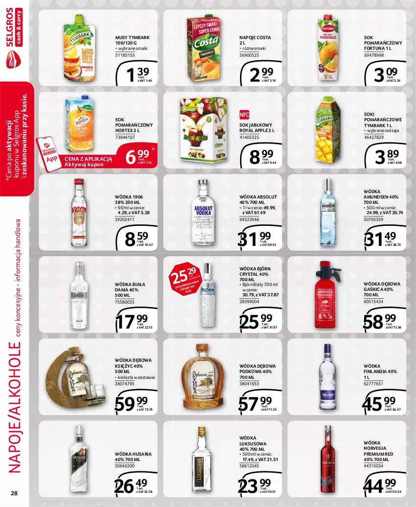 Gazetka promocyjna Selgros - Extra Oferta - ważna 01.06 do 30.06.2021 - strona 28 - produkty: Absolut, Alkohole, Amundsen, Finlandia, Fortuna, Gaśnica, Hortex, LG, Mus, Napoje, Sok, Sok jabłkowy, Sok pomarańczowy, Tymbark, Wódka