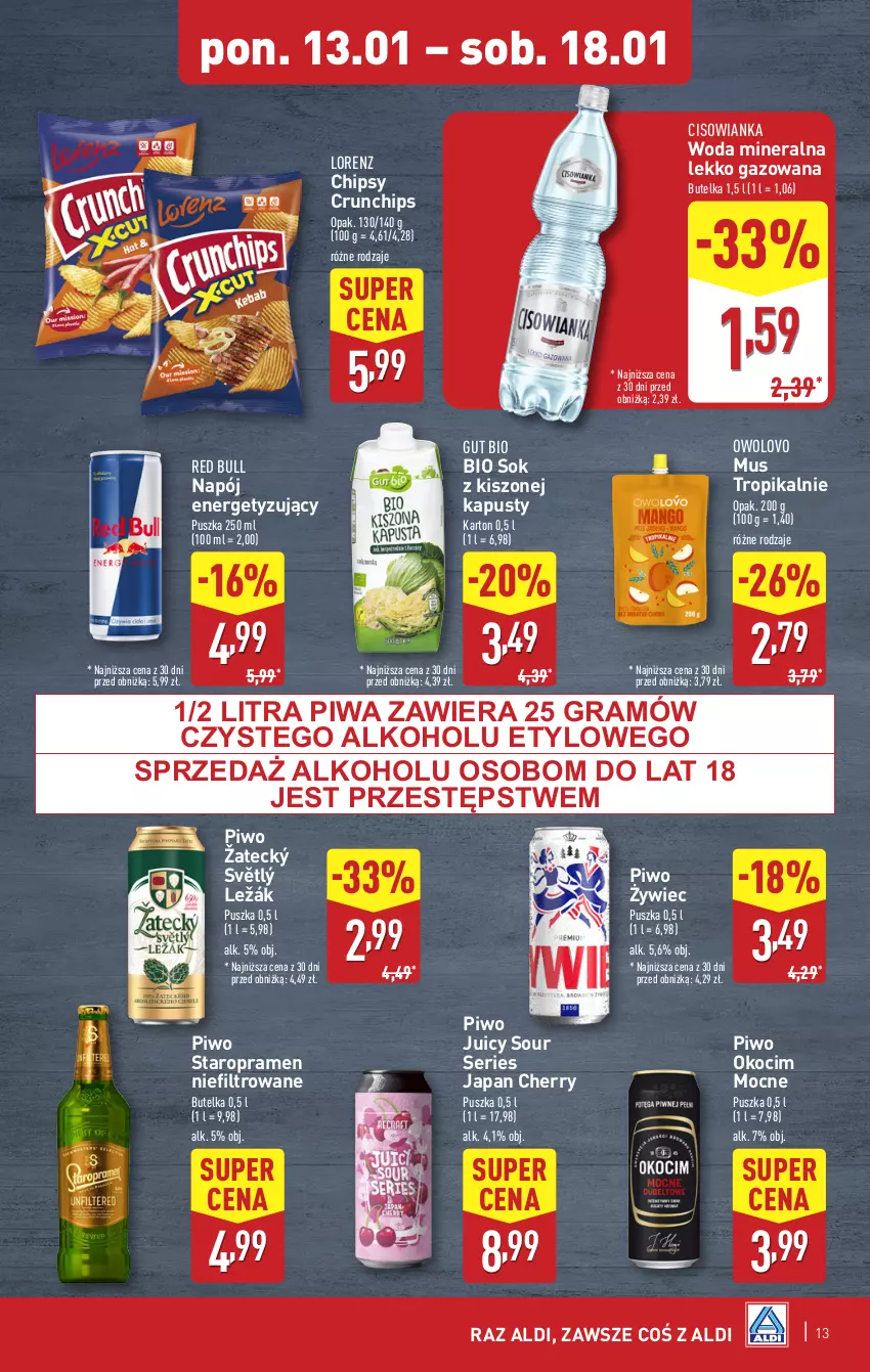 Gazetka promocyjna Aldi - Pełna oferta - ważna 13.01 do 18.01.2025 - strona 13 - produkty: Chipsy, Cisowianka, Crunchips, Gra, Koc, Lorenz, Mus, Napój, Okocim, Piwa, Piwo, Red Bull, Ser, Sok, Woda, Woda mineralna