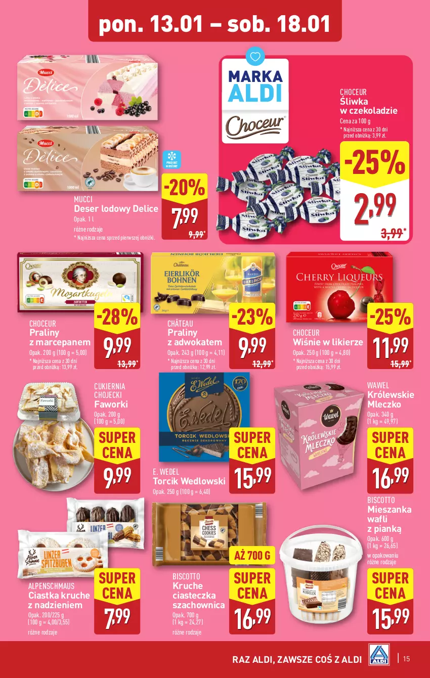 Gazetka promocyjna Aldi - Pełna oferta - ważna 13.01 do 18.01.2025 - strona 15 - produkty: Ciastka, Cukier, Deser, E. Wedel, Fa, Faworki, Królewski, Królewskie Mleczko, Likier, Mleczko, Praliny, Ser, Wawel