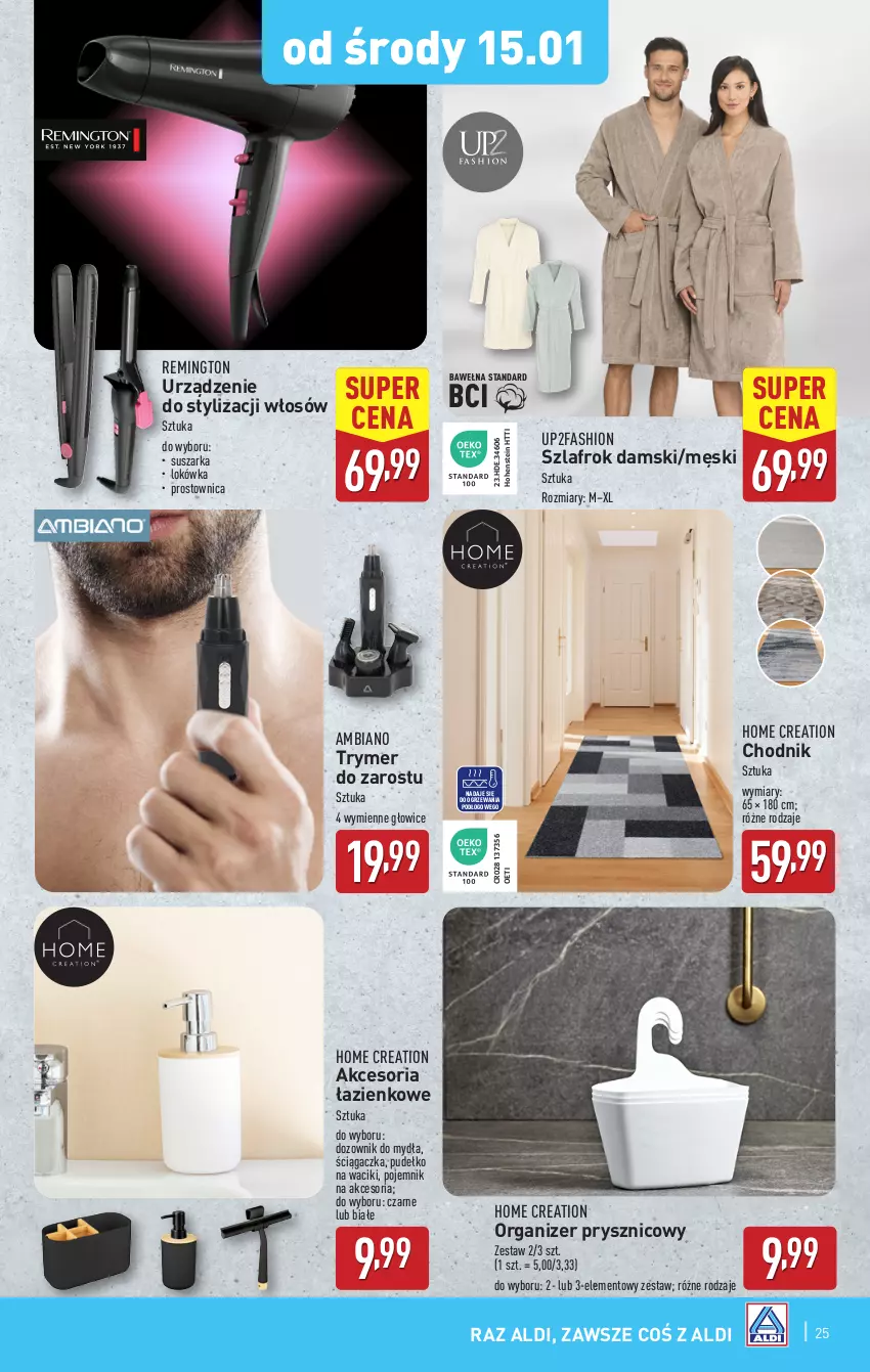 Gazetka promocyjna Aldi - Pełna oferta - ważna 13.01 do 18.01.2025 - strona 25 - produkty: Chodnik, Dozownik, Fa, Lokówka, Organizer, Pojemnik, Pudełko, Remington, Suszarka, Szlafrok, Waciki