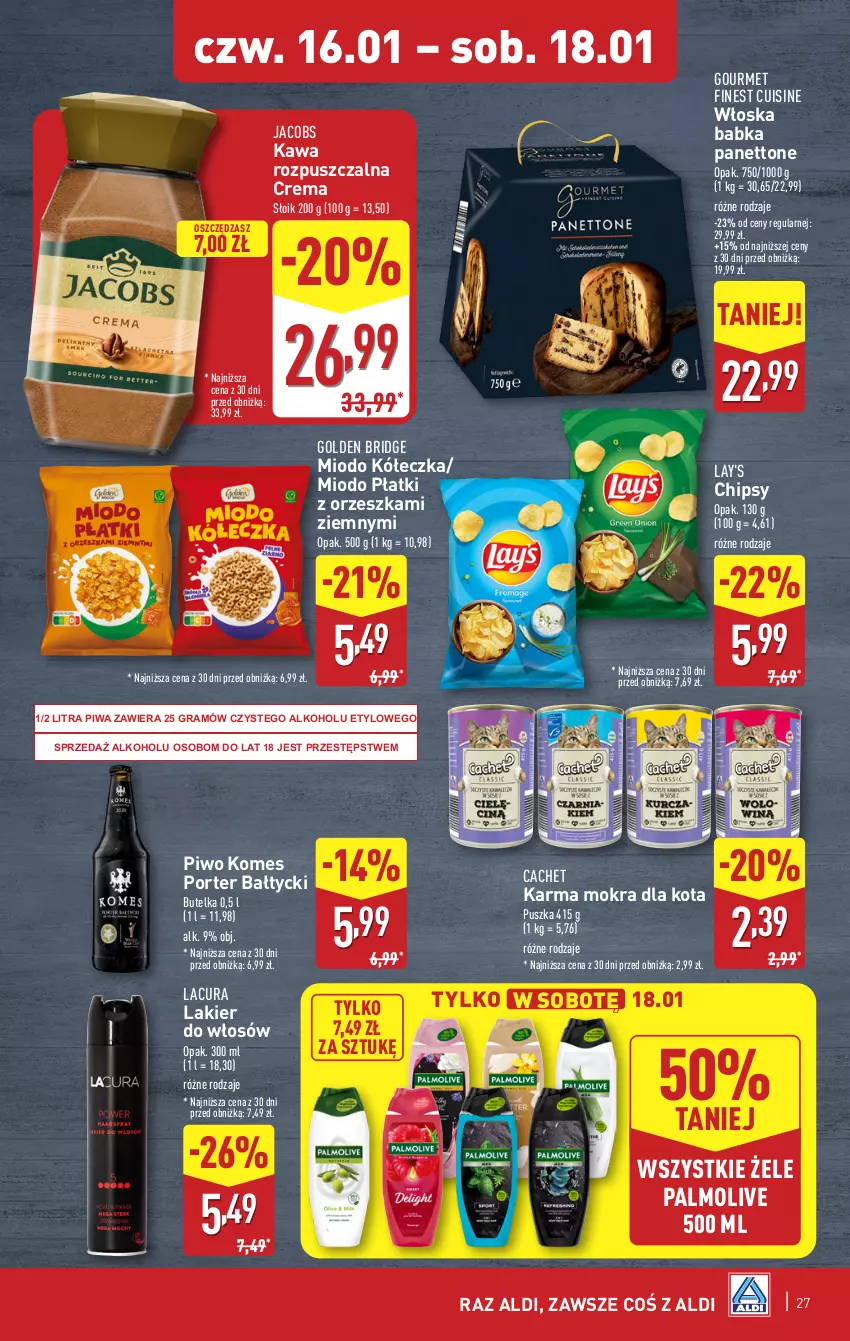 Gazetka promocyjna Aldi - Pełna oferta - ważna 13.01 do 18.01.2025 - strona 27 - produkty: Babka, Chipsy, Gra, Jacobs, Kawa, Kawa rozpuszczalna, Lakier, Lakier do włosów, Palmolive, Piwa, Piwo, Por