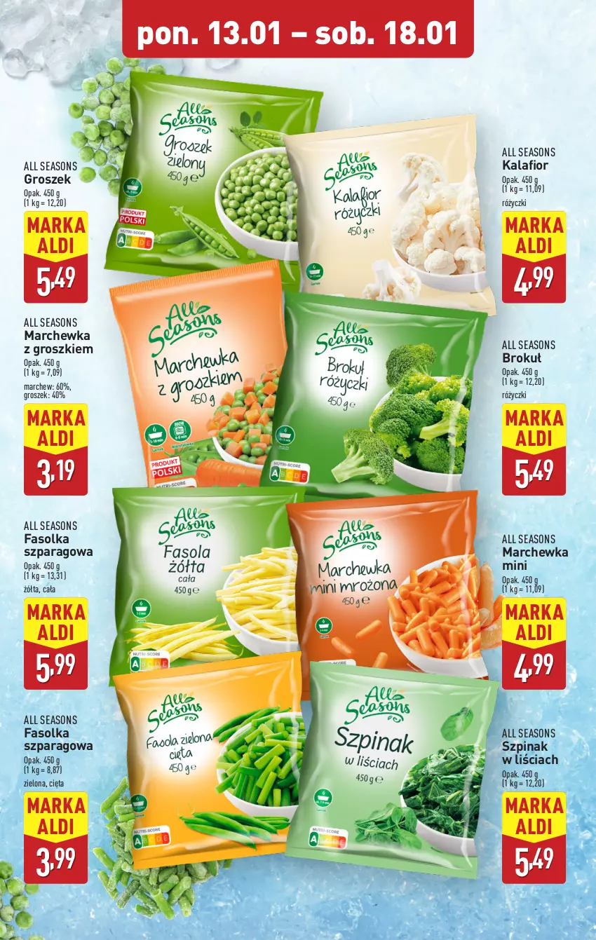 Gazetka promocyjna Aldi - Pełna oferta - ważna 13.01 do 18.01.2025 - strona 9 - produkty: All Seasons, Fa, Groszek, Kalafior, Marchewka, Szpinak