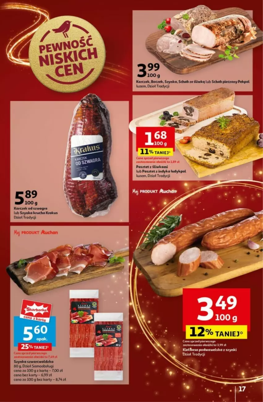 Gazetka promocyjna Auchan - ważna 19.12 do 24.12.2024 - strona 11 - produkty: Boczek, Gra, Kiełbasa, Kiełbasa podwawelska, Krakus, Pasztet, Pekpol, Piec, Schab pieczony, Szynka, Wawel