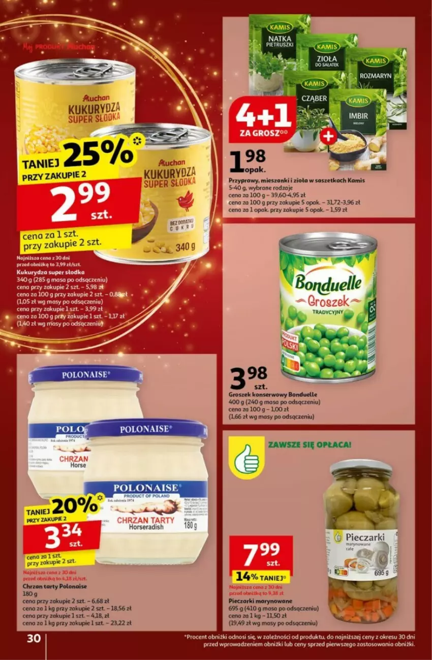 Gazetka promocyjna Auchan - ważna 19.12 do 24.12.2024 - strona 26 - produkty: Bonduelle, Chrzan, Groszek, Kamis, Kukurydza, Piec, Przyprawy, Ser