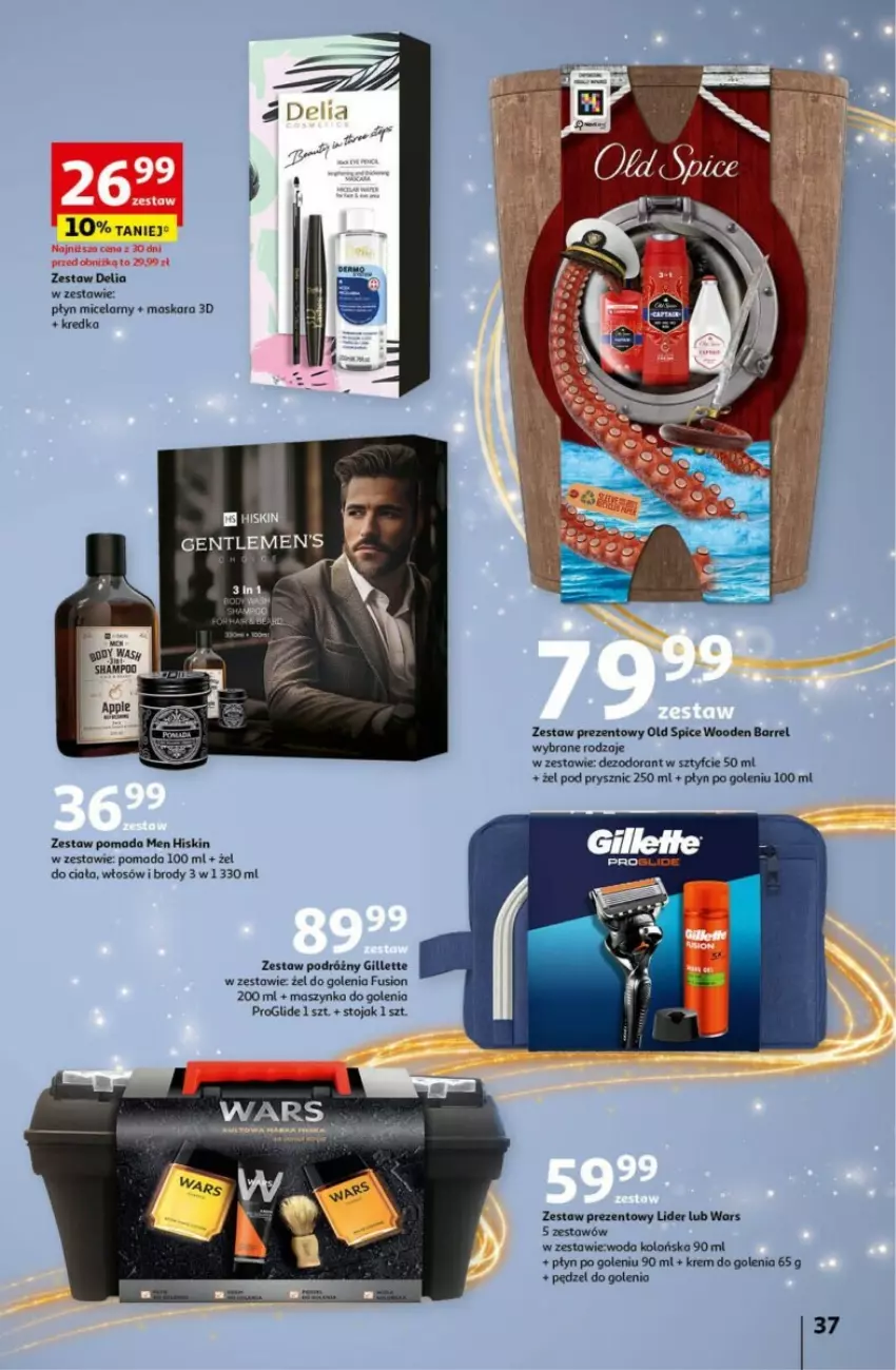 Gazetka promocyjna Auchan - ważna 19.12 do 24.12.2024 - strona 33 - produkty: Dezodorant, Fusion, Gillette, Kredka, Krem do golenia, Maska, Maskara, Maszynka, Maszynka do golenia, Old Spice, Pędzel do golenia, Płyn micelarny, Pomada, Stojak, Szynka, Woda, Woda kolońska, Zestaw prezentowy