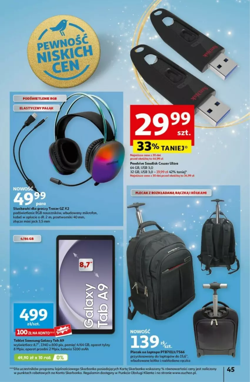 Gazetka promocyjna Auchan - ważna 19.12 do 24.12.2024 - strona 49 - produkty: Acer, Bateria, Gala, Gra, Pendrive, Plecak, Samsung, Słuchawki, Tablet, Top