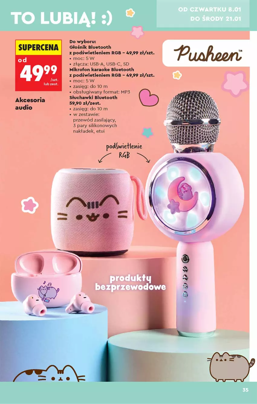 Gazetka promocyjna Biedronka - Okazje Tygodnia - ważna 05.01 do 17.01.2026 - strona 35 - produkty: Głośnik, Głośnik bluetooth, Mikrofon, Przewód, Słuchawki, Słuchawki bluetooth