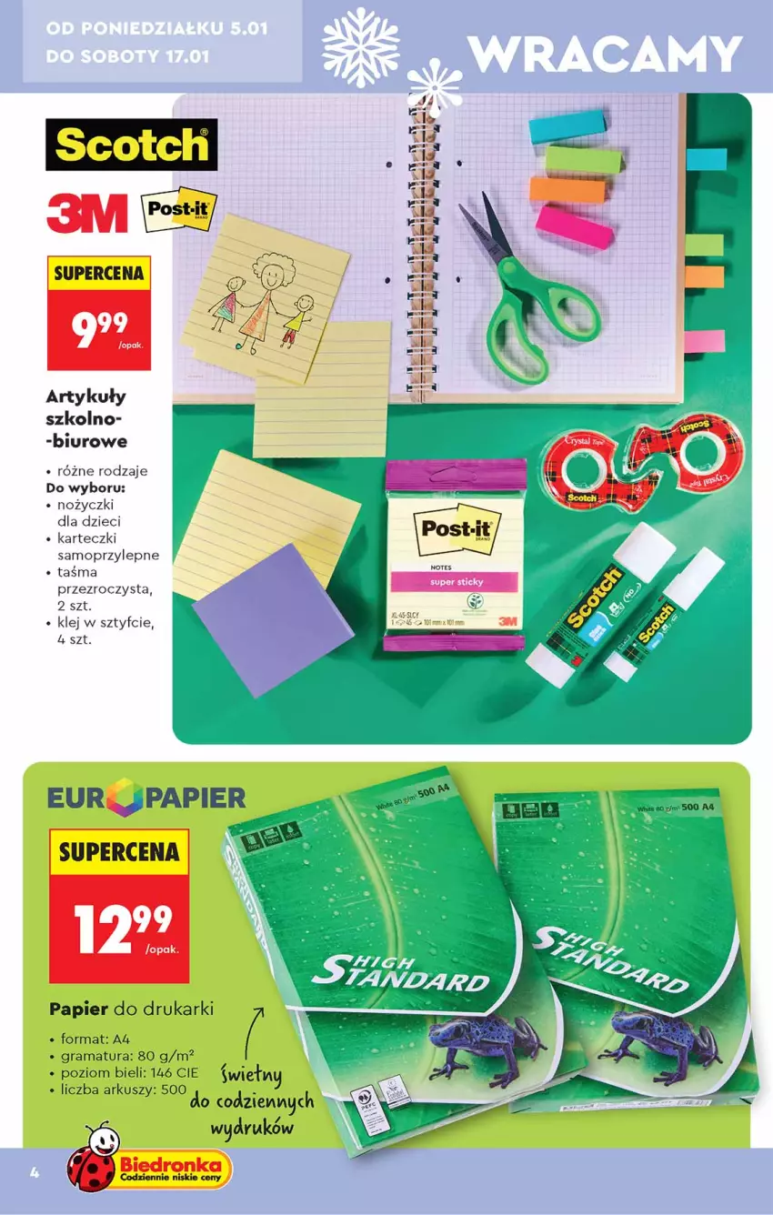 Gazetka promocyjna Biedronka - Okazje Tygodnia - ważna 05.01 do 17.01.2026 - strona 4 - produkty: Biuro, Drukarki, Dzieci, Gra, Karteczki samoprzylepne, Klej, Mop, Noż, Nożyczki, Papier, Rama