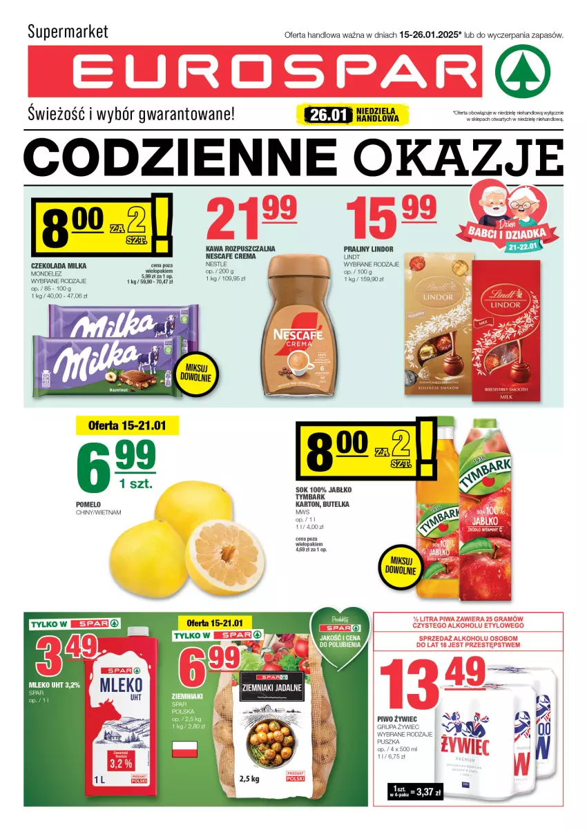 Gazetka promocyjna Spar - EuroSpar - ważna 12.01 do 22.01.2025 - strona 1 - produkty: Czekolada, Kawa, Kawa rozpuszczalna, Lindor, Lindt, Milka, Mleko, Piwo, Pomelo, Praliny, Sok, Tymbark