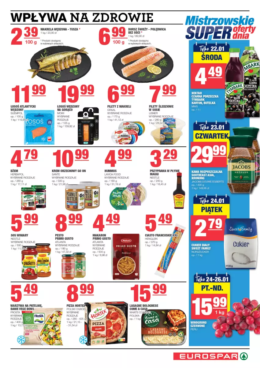 Gazetka promocyjna Spar - EuroSpar - ważna 12.01 do 22.01.2025 - strona 5 - produkty: Ciasto francuskie, Cukier, Dorsz, Dżem, Frosta, Gra, Graal, Herbapol, Hortex, Hummus, Kawa, Krem orzechowy, Lasagne, Lasagne bolognese, Lisner, Maggi, Makaron, Mus, Ogród, Pesto, Pizza, Polędwica, Przyprawa w płynie, Sante, Sos, Suempol, Tusz, Warzywa, Winiary, Zdrowie