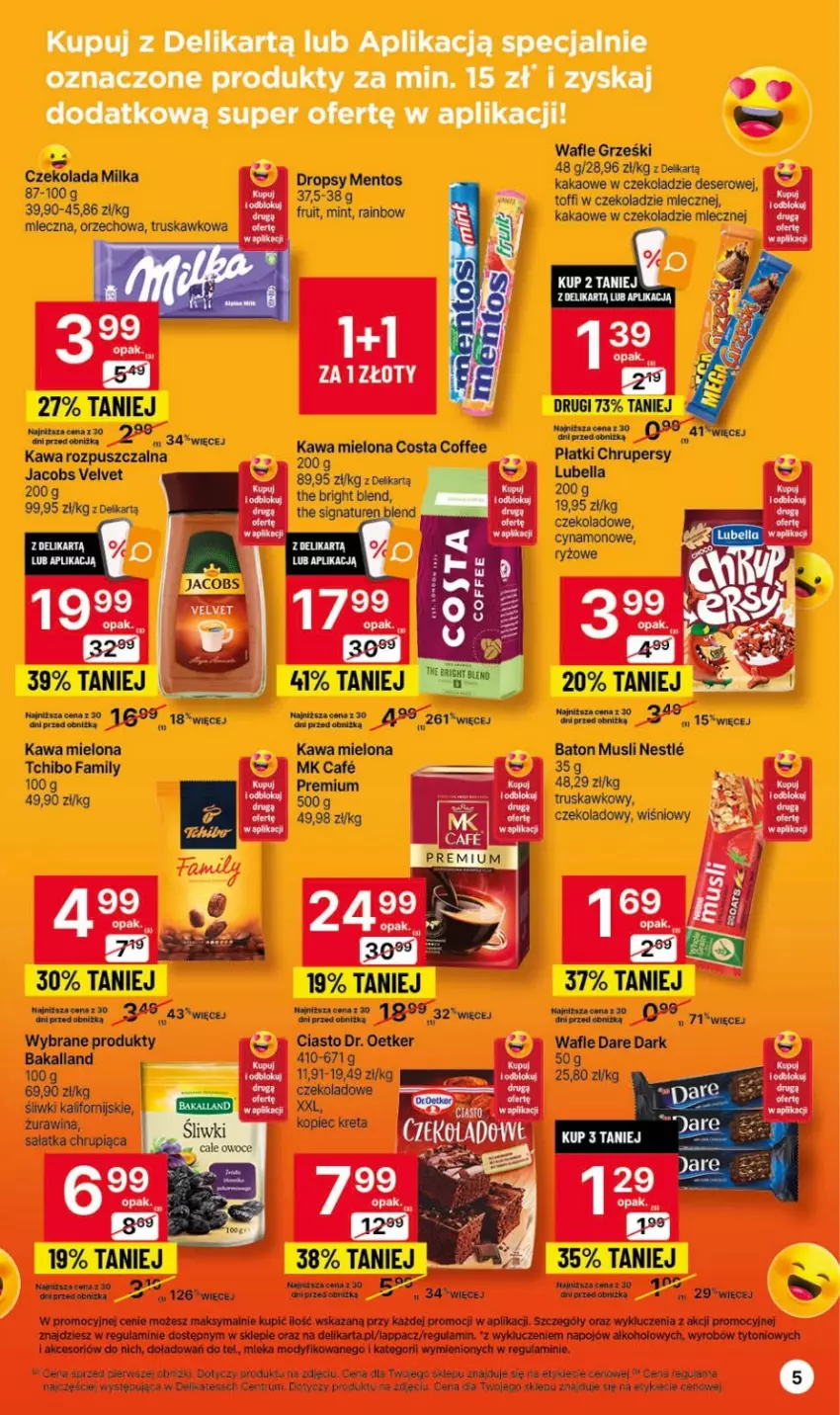 Gazetka promocyjna Delikatesy Centrum - Gazetka DC40 czw-sr - ważna 12.10 do 18.10.2023 - strona 5 - produkty: Bakalland, Baton, Dr. Oetker, Fa, Grześki, Jacobs, Jacobs Velvet, Kawa, Kawa mielona, Kawa rozpuszczalna, Kopiec Kreta, Kret, Miecz, Milka, Mus, Piec, Rum, Ryż, Sałat, Sałatka, Tchibo, Tchibo Family, Velvet, Wafle