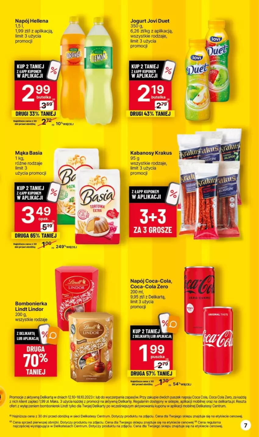 Gazetka promocyjna Delikatesy Centrum - Gazetka DC40 czw-sr - ważna 12.10 do 18.10.2023 - strona 7 - produkty: Basia, Coca-Cola, Hellena, Jogurt, Kabanos, Krakus, Lindor, Lindt, Mąka, Mobil, Napój, Rum