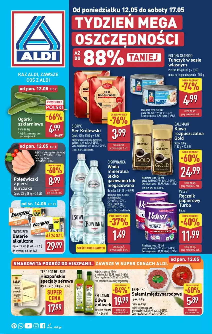 Gazetka promocyjna Aldi - ważna 12.05 do 17.05.2025 - strona 1 - produkty: Cisowianka, Energizer, Fa, LG, Orka, Papier, Ser, Smakowita, Sok, Velvet, Woda