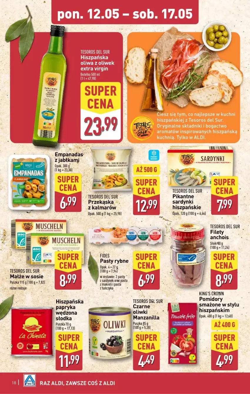 Gazetka promocyjna Aldi - ważna 12.05 do 17.05.2025 - strona 10 - produkty: Fa, Jabłka, Kalmar, Małże, Mus, Oliwki, Papryka, Pomidory, Sardynki, Sos, Tuńczyk