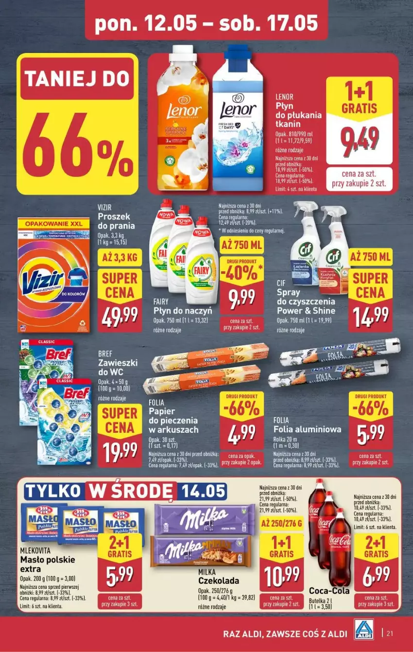 Gazetka promocyjna Aldi - ważna 12.05 do 17.05.2025 - strona 14 - produkty: Czekolada, Fa, Folia aluminiowa, Lenor, Masło, Mleko, Mlekovita, Papier, Płyn do płukania, Proszek do prania, Zawieszki