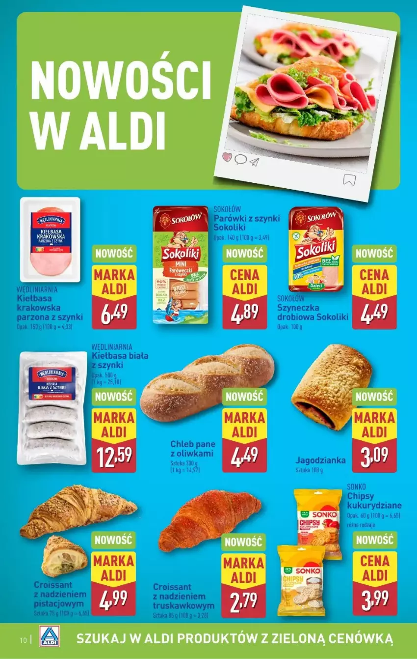 Gazetka promocyjna Aldi - ważna 12.05 do 17.05.2025 - strona 2 - produkty: Chipsy, Chleb, Croissant, Jagodzianka, Kiełbasa, Kiełbasa biała, Parówki, Parówki z szynki, Sok, Sokołów