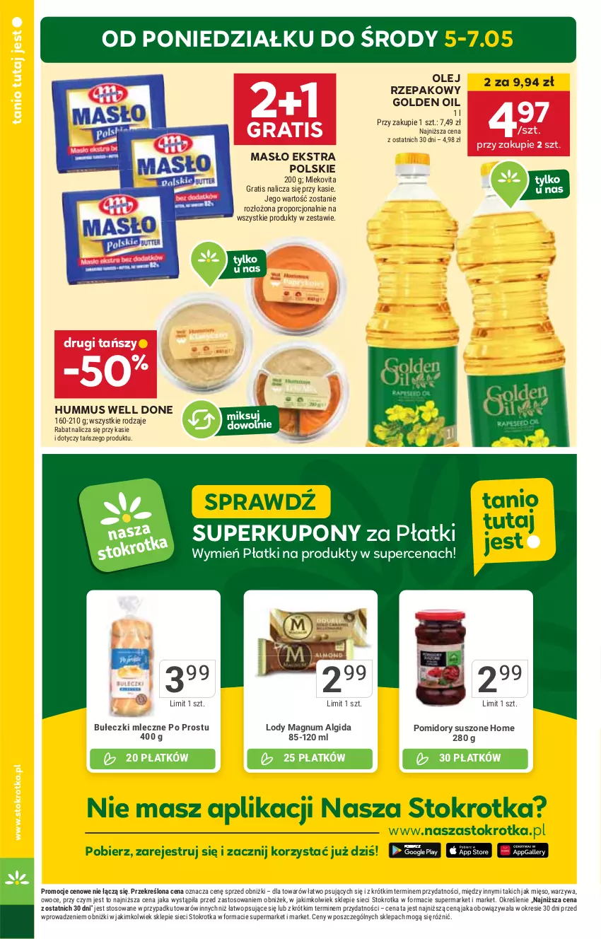 Gazetka promocyjna Stokrotka - Market - ważna 29.04 do 07.05.2025 - strona 4 - produkty: Algida, Bułeczki, Bułeczki mleczne, Gra, Hummus, LG, Lody, Masło, Mięso, Mleko, Mlekovita, Mus, Olej, Olej rzepakowy, Owoce, Pomidory, Por, Warzywa