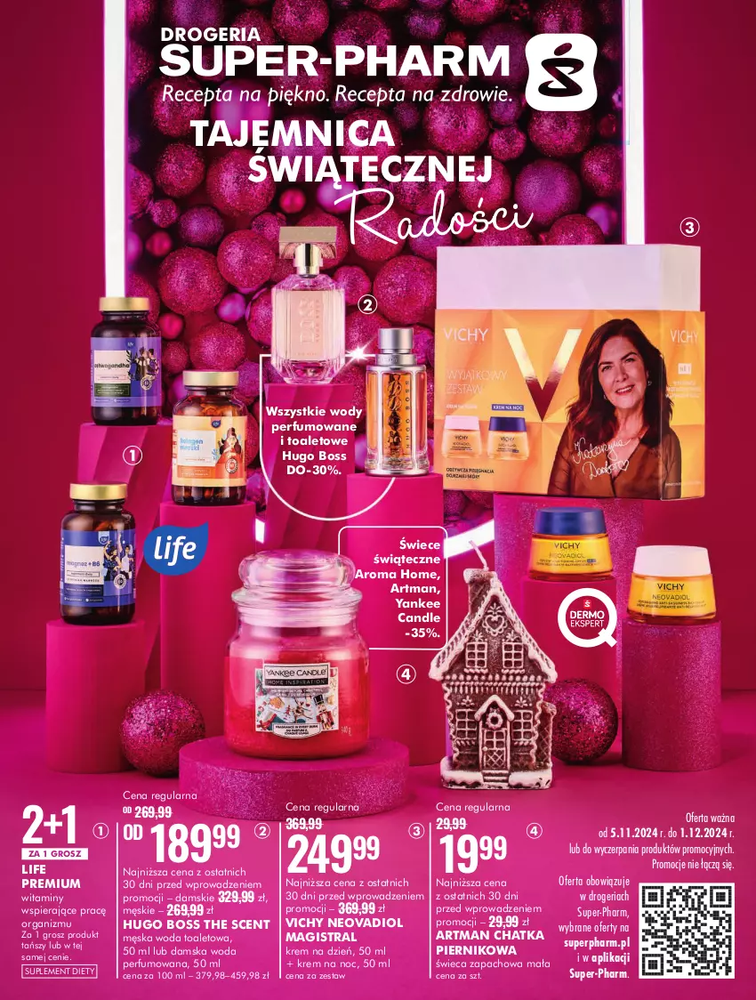 Gazetka promocyjna Super Pharm - ważna 05.11 do 01.12.2024 - strona 1 - produkty: Hugo Boss, Krem na dzień, Krem na noc, Perfum, Piernik, Suplement diety, Vichy, Woda, Woda perfumowana, Woda toaletowa