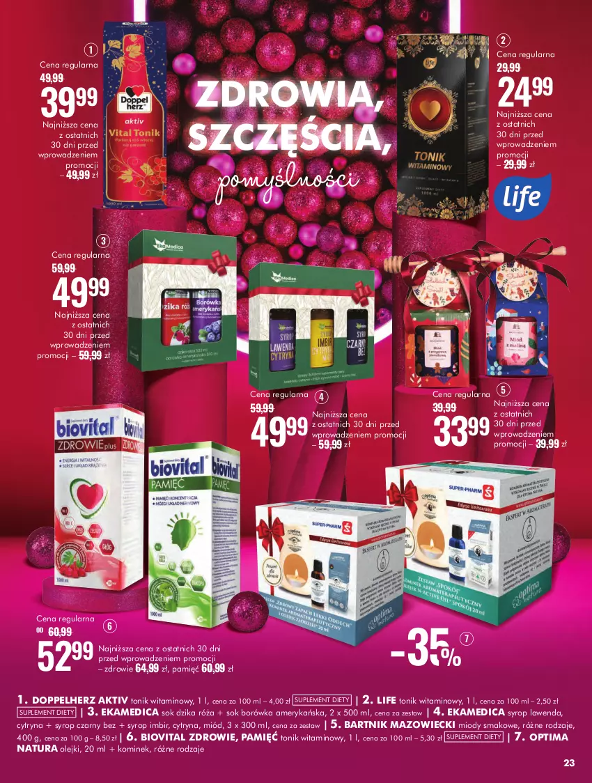 Gazetka promocyjna Super Pharm - ważna 05.11 do 01.12.2024 - strona 23 - produkty: Biovital, Borówka, Borówka amerykańska, Doppelherz, Dzika róża, Imbir, Kominek, Miód, Olej, Optima, Róża, Sok, Suplement diety, Syrop, Tonik, Zdrowie