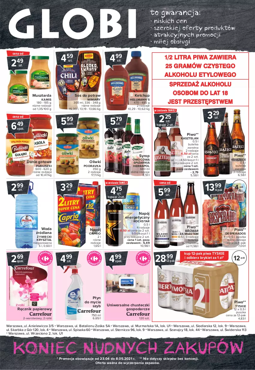 Gazetka promocyjna Carrefour - Gazetka Globi - ważna 26.04 do 03.05.2021 - strona 2 - produkty: Chusteczki, Danie gotowe, Desperados, Gra, Hellmann’s, Herbapol, Kamis, Kasztelan, Ketchup, Kosz, Książęce, LANA, Lion, Mus, Musztarda, Napój, Napój energetyczny, Oliwki, Papier, Piwa, Piwo, Płyn do mycia, Podravka, Pudliszki, Ręcznik, Rolki, Sos, Syrop, Tyskie, Winiary, Woda