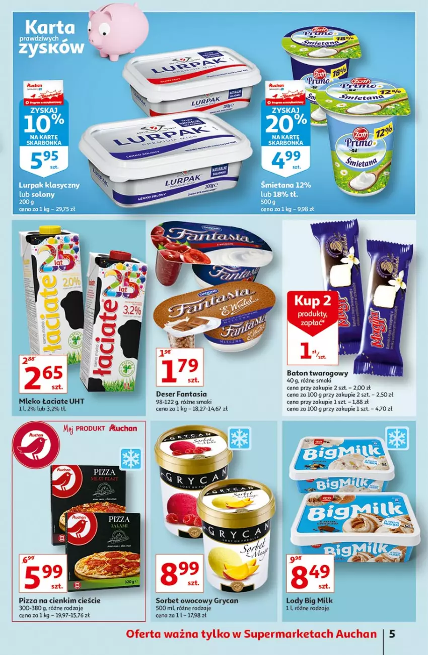 Gazetka promocyjna Auchan - Ceny w dół Supermarkety - ważna 17.06 do 23.06.2021 - strona 5 - produkty: Baton, Big Milk, Deser, Fa, Fanta, Gry, Lody, Mleko, Pizza, Ser