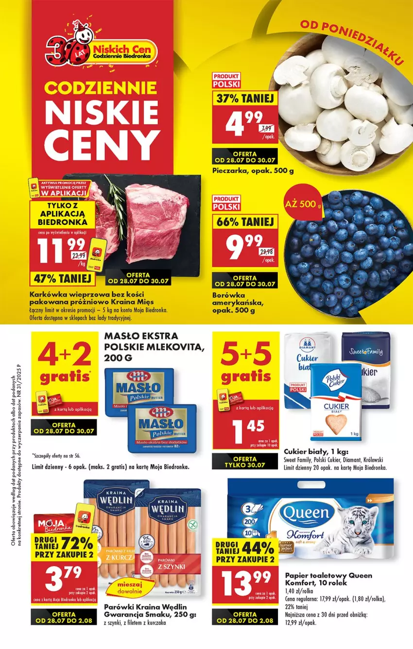 Gazetka promocyjna Biedronka - Od Poniedziałku - ważna 28.07 do 02.08.2025 - strona 1 - produkty: Borówka, Cukier, Diamant, Fa, Gra, Karkówka wieprzowa, Kret, Królewski, Kurczak, Masło, Mleko, Mlekovita, Papier, Papier toaletowy, Parówki, Piec, Pieczarka